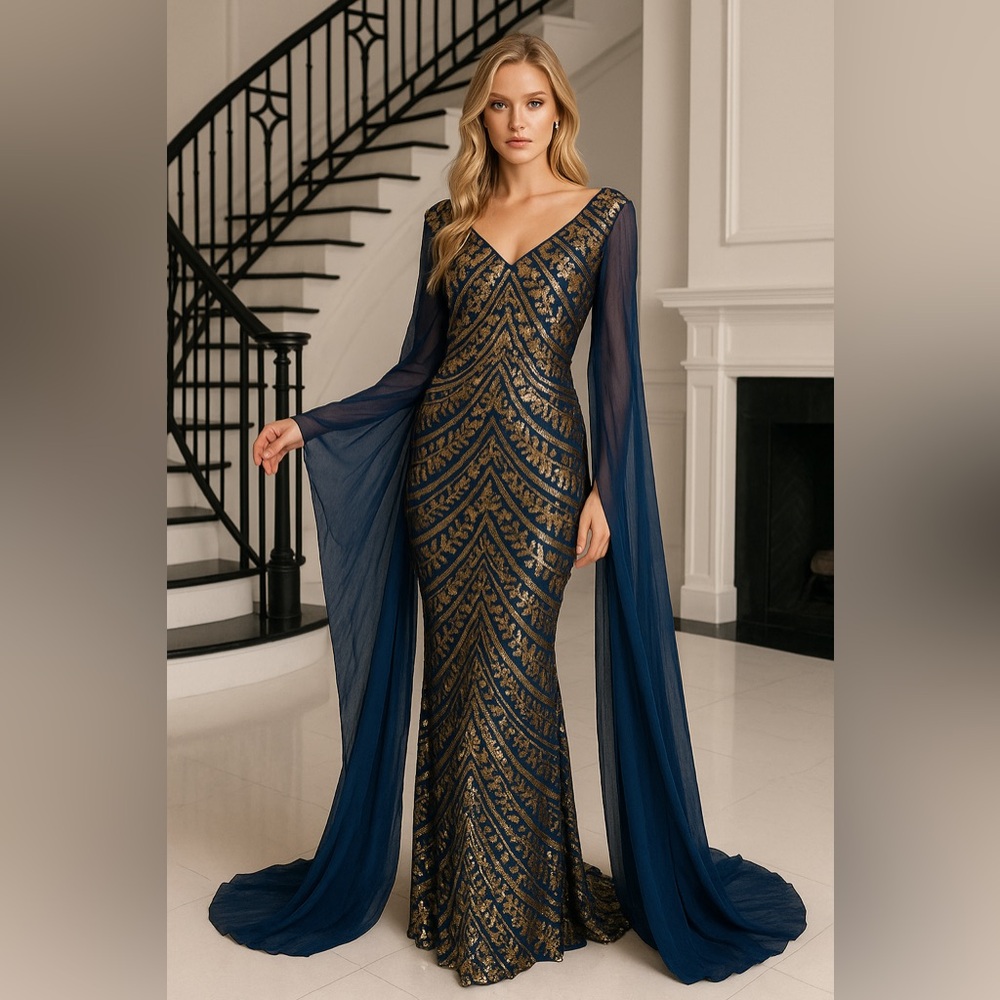 NWOT Navy Gold Women’s Beaded Evening Gown Cape Sleeve Formal Gala Dress M MOSY